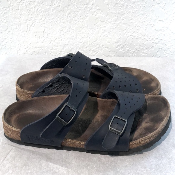 Birkenstock Shoes - Birkenstock Birkis Blue Perforated Leather Sandals narrow 39